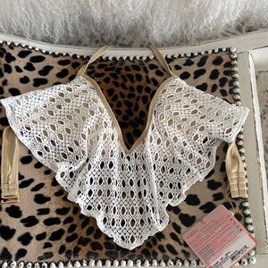 NEW Luli Fama White gold Crochet push-up Cascade Bikini Top XS